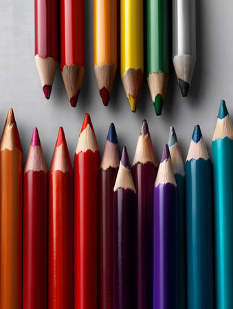 A close-up photograph in portrait orientation showing a row of vibrant colored pencils, perfectly aligned horizontally and with sharp tips.の素材