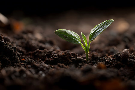 Close-up of a small green sprout emerging from moist soil, illuminated by soft light. The image symbolizes growth, hope, and the beginning of a new cycle.の素材