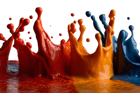 The image shows a paint splash with very vibrant colors in high detail, with the action captured at the peak of the movement, creating crown shapes and droplets in the air.の素材