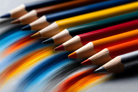 A dynamic macro photograph featuring a row of colored pencils aligned diagonally, with their sharp tips highlighted.の素材