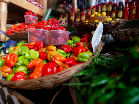 Vibrant green and red peppers spill out of a rustic wicker basket at a bustling market. Healthy eating.の写真素材