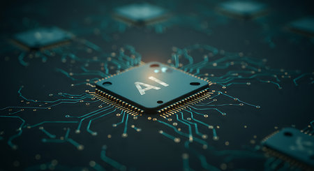 A glowing AI microchip sits at the center of intricate circuits, casting blue and purple light across a high-tech board. It symbolizes artificial intelligence, innovation, and the power of digital technology.の素材