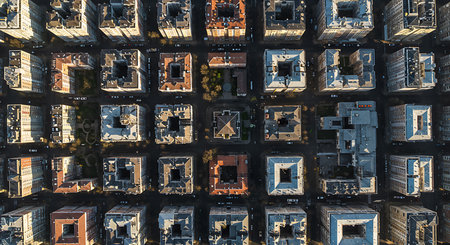 An aerial cityscape showing a grid of high-rise apartment buildings, rooftops and streets with strong geometric patterns, capturing urban density, modern architecture and city life from above.の素材