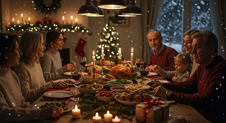 A cozy family Christmas dinner around a long table. Loved ones share a festive feast, laughter, and memories while twinkling lights, a Christmas tree, and winter snow create a cozy atmosphere.の素材