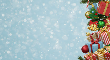 Holiday composition. A vibrant Christmas composition featuring wrapped gifts, bells, stockings, and star ornaments on evergreen branches against a soft, snowy blue background.の素材