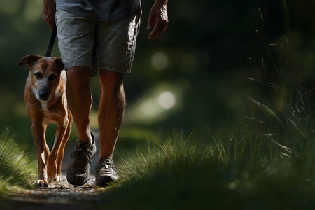 A realistic photograph of a person walking their dog in a sunny park. The docile and alert-looking animal walks on the grass in the soft sunlight, conveying tranquility and connection between human and nature.の素材