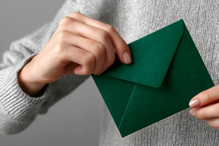 Close-up of a person holding an envelope with both hands. The scene conveys a feeling of anticipation, affection, or nostalgia, with a focus on soft details and warm lighting.の素材