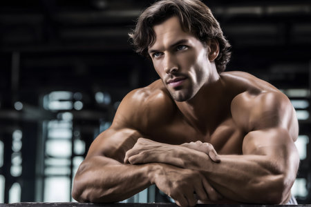 A high-impact image of a muscular man posing for a photo at the gym. The scene captures the intensity and determination of the workout.の素材