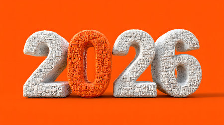 3D illustration of the large silver numerals that form the number "2026," placed on a bright, textured orange surface and wall.の素材