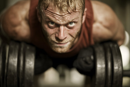 high-impact image of a muscular man working out at the gym. The scene captures the intensity and determination of the workout.の素材