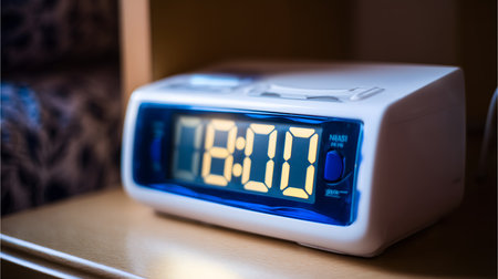A small black digital alarm clock sits on a light wooden nightstand in a bedroom. The clock displays the time with bright white digits.の素材