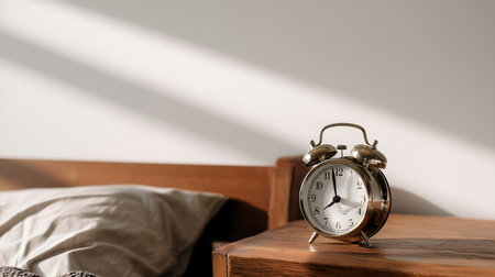 A vintage-style alarm clock made of silver or bronze-colored metal sits on a dark wood bedside table.の素材