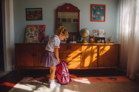 A girl at home organizes her backpack under the soft morning light. She is wearing a school uniform and appears focused on the task.の素材