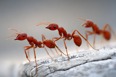 A low-angle, perspective photograph capturing three orange or reddish ants moving on a rough surface. The ants are marching in a dense line.の素材