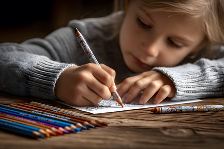 A close-up of a small child with blond hair is concentrated and leaning on the table, drawing on a sheet of paper with a colored pencil.の素材