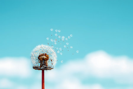 Images that celebrate the ephemeral beauty of the dandelion releasing its seeds in the wind. The composition shows the white feathers floating against a contrasting background.の素材