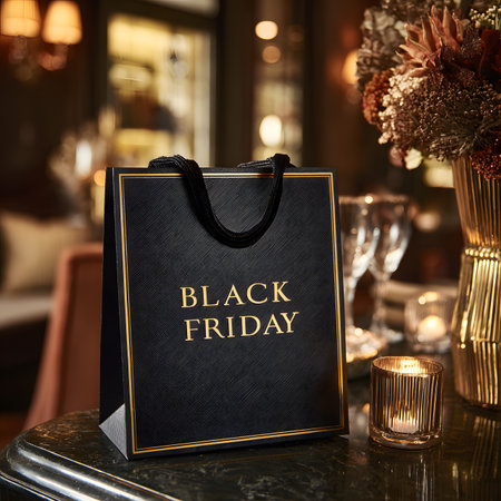 Selective focus on a textured black shopping bag, emblazoned with "Black Friday" in gold letters, elegantly positioned on a wooden counter. A hint of the hustle and bustle of the sales season.の素材