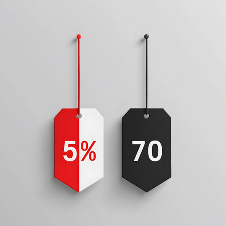 A modern, abstract graphic design illustration using a limited color palette of black, red, and white. The image displays several shapes resembling price tags and discount tags, some hanging from vertical lines.の素材