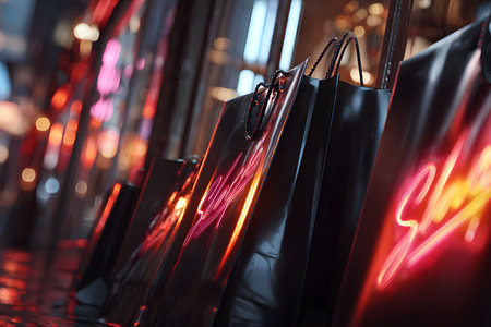 A sleek and modern image of a series of black shopping bags arranged in a row in a dark space. The composition and lighting suggest a sophisticated and impactful sales event, such as Black Friday or exclusive sales, conveying a sense of urgency and style.の素材