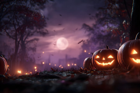 A spectacular and atmospheric Halloween scene set in a dark and mysterious forest. Trees with autumnal foliage in shades of red and orange and a low, dark fence complete the spooky and festive setting.の素材