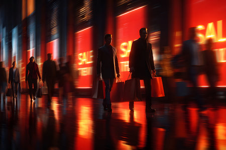 A dynamic image with motion blur showing shoppers seen from behind, walking hurriedly down a mall aisle. The color palette focuses on vibrant reds and dark tones, heightening the sense of energy and urgency.の素材