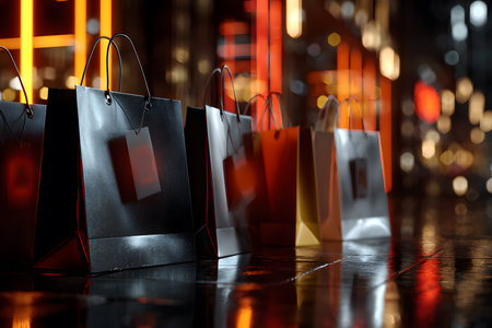 A sleek and modern image of a series of black shopping bags arranged in a row in a dark space. The composition and lighting suggest a sophisticated and impactful sales event, such as Black Friday or exclusive sales, conveying a sense of urgency and style.の素材