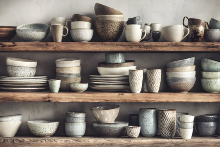A collection of handmade ceramic bowls, plates, mugs, and glasses displayed on rustic wooden shelves. A kitchen with a contemporary, artisanal style.の素材