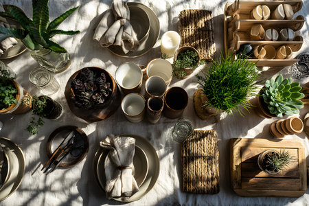 An elegantly set table with plates, cutlery, linen napkins, and natural decor. Fresh fruit, green leaves, and candles create a cozy and sophisticated ambiance, illuminated by the soft evening light. The scene conveys harmony, simplicity, and celebration.の素材