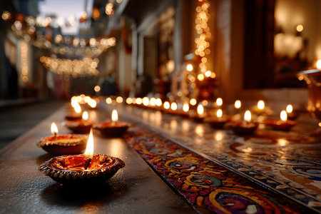 A selective-focus close-up of a row of lit traditional oil lamps celebrating Diwali. The bright flames reflect off the oil inside the clay containers, arranged on a decorated and textured floor. The blurred background reveals more lights, creating a warm, spiritual, and festive atmosphere.の素材