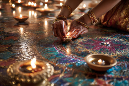 Female hands adorned with henna and gold bangles light traditional lamps over a colorful rangoli. The scene reflects the beauty and spirituality of the Diwali celebration, symbolizing light, prosperity, and renewal with vibrant colors and a welcoming glow.の素材