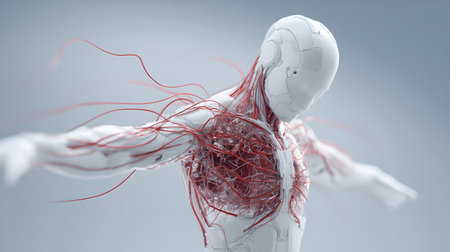 A 3D digital illustration of a cybernetic humanoid or android with a transparent body. The image reveals its complex internal anatomy, including artificial organs in the chest and an intricate network of circuits and tubes that spread across the torso, arms, and head.の素材