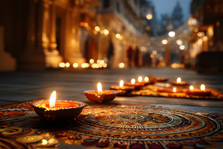 A selective-focus close-up of a row of lit traditional oil lamps celebrating Diwali. The bright flames reflect off the oil inside the clay containers, arranged on a decorated and textured floor. The blurred background reveals more lights, creating a warm, spiritual, and festive atmosphere.の素材