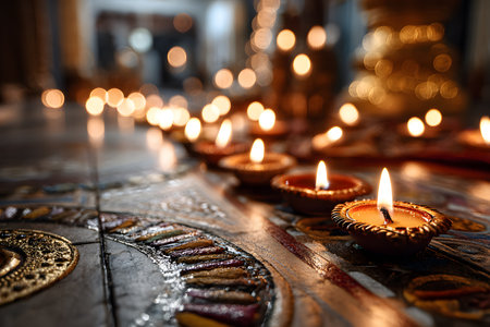 A selective-focus close-up of a row of lit traditional oil lamps celebrating Diwali. The bright flames reflect off the oil inside the clay containers, arranged on a decorated and textured floor. The blurred background reveals more lights, creating a warm, spiritual, and festive atmosphere.の素材