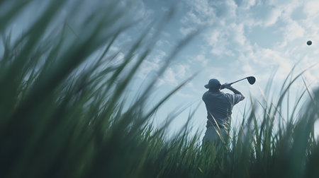 golfer in full action, captured in the follow-through after hitting the ball. He is wearing light clothing and a cap, contrasting with the dramatic, cloudy sky, which adds depth and emotion to the scene.の素材