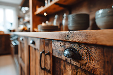 A collection of handmade ceramic bowls, plates, mugs, and glasses displayed on rustic wooden shelves. A kitchen with a contemporary, artisanal style.の素材