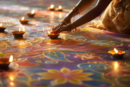 Female hands adorned with henna and gold bangles light traditional lamps over a colorful rangoli. The scene reflects the beauty and spirituality of the Diwali celebration, symbolizing light, prosperity, and renewal with vibrant colors and a welcoming glow.の素材