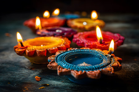 A selective-focus close-up of a row of lit traditional oil lamps celebrating Diwali. The bright flames reflect off the oil inside the clay containers, arranged on a decorated and textured floor. The blurred background reveals more lights, creating a warm, spiritual, and festive atmosphere.の素材