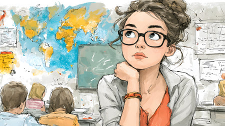 Digital illustration focusing on a visibly stressed and overwhelmed teacher. The students at their desks appear bored or confused, facing a chaotic blackboard.の素材