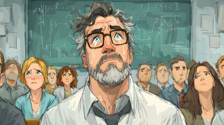 Digital illustration focusing on a visibly stressed and overwhelmed teacher. The students at their desks appear bored or confused, facing a chaotic blackboard.の素材