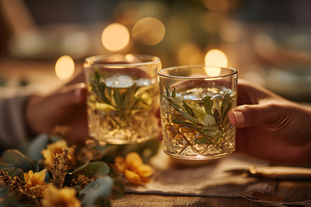 Hands raise glasses in a warm toast during a dinner lit by soft lights and candles. A welcoming atmosphere symbolizes friendship, gratitude, and celebration in an intimate and elegant setting.の素材