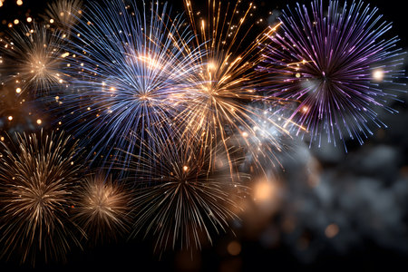 A stunning image captures the climax of a nighttime celebration with a fireworks display. Perfect for New Year's themes, festivities, special events, joy, and moments of great emotion and splendor.の素材