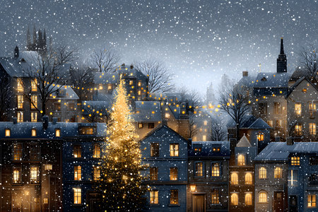 A picturesque and cozy digital illustration of a Christmas village under a gentle nighttime snowfall. The scene evokes a sense of magic, fairytale, and the warmth of winter festivities. Ideal for holiday themes, Christmas cards, and enchanting backdrops.の素材