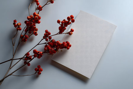 A minimalist top view, showcasing a rectangular card or sheet of paper with a subtle light gray texture, positioned diagonally on a plain pastel or light blue background. The mockup has ample copy space, ideal for invitations, greeting cards, Christmas messages, or celebrations, conveying elegance, simplicity, and a festive or autumn/winter feel.の素材