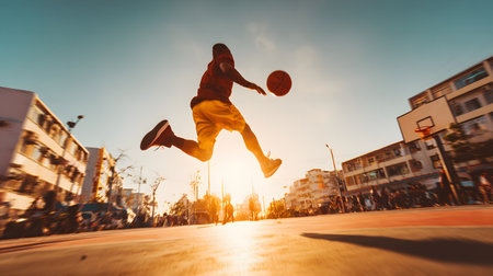 An athletic, black male basketball player is in the air performing a powerful jump or dribble on an outdoor sports court under the bright sun. The intense sunlight creates a strong glare and an energetic atmosphere.の素材