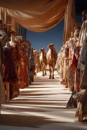 A surreal and high-concept scene where two dromedaries walk through a corridor resembling a fashion show runway or a pop-up market. The image combines elements of haute couture fashion, art, and wildlife, with a deep blue sky in the background.の素材