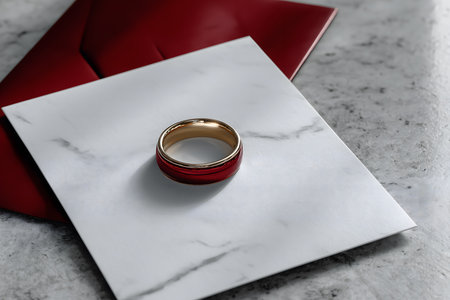 A studio photograph of a wedding ring or engagement ring. The composition is minimalist and elegant, with soft lighting that enhances the shine and texture of the surfaces.の素材