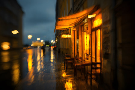 Low-level perspective of a wet urban street under light rain in the early evening or on a cloudy day. The image evokes an atmosphere of solitude, melancholy, night traffic, and the beauty of the lights reflected in the street water.の素材
