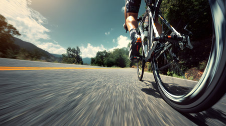 A low-angle, moving perspective captures a cyclist at high speed, possibly in a race or intensive training session, on a wide road or highway.の素材
