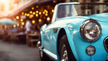 Close-up of an elegant classic convertible sports car, parked on an urban street. The scene evokes a sense of nostalgia, luxury, summer, travel, and leisure in a European or Mediterranean setting.の素材