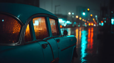Close-up of an elegant classic convertible sports car, parked on an urban street. The scene evokes a sense of nostalgia, luxury, summer, travel, and leisure in a European or Mediterranean setting.の素材